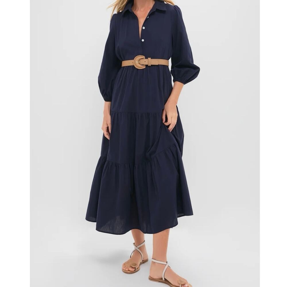 Pomander Place Navy Cotton Mabel Button Down Sleeve Maxi Dress XL Tiered Casual